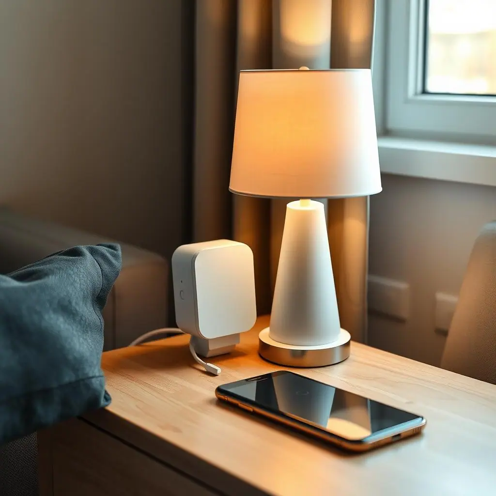 Clean editorial illustration of renter-friendly smart home devices on a tidy apartment table with no text or logos